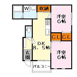 モンレーヴ平津 1階2DKの間取り