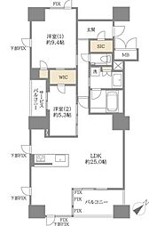 ユニハイム中之島堂島川タワーレジデンス 2LDKの間取図画像