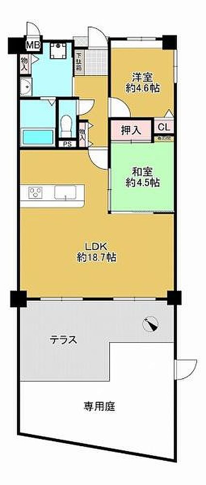 専用庭付きの1階住戸♪3LDKから広々2LDKへ間取り変更済みで、ゆとりある快適な暮らしが叶います。