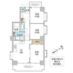 スカイタウン水戸三の丸 6階3DKの間取り