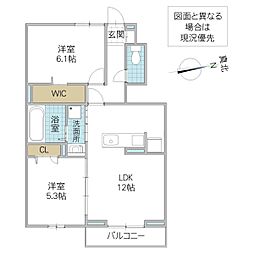 グランディオ B 1階2LDKの間取り