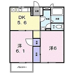 レイクヒルズ B 2階1LDKの間取り