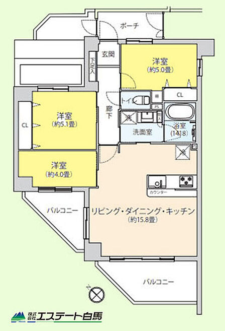 開放感のある角部屋の3ＬＤＫ！