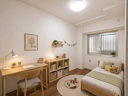 【洋室/約5.6帖】全居室に収納スペースを備えた、片付け上手なお住まいです。※家具はCG合成によるものです。