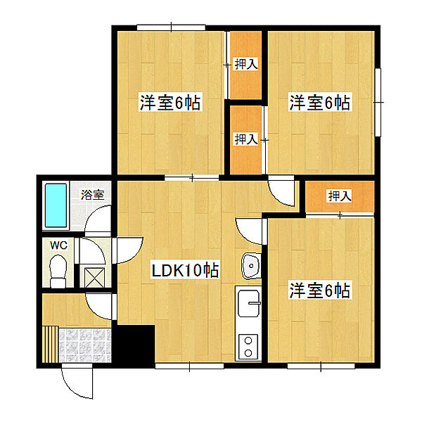ハッピーハウス2 2B-2｜北海道北見市東陵町(賃貸アパート3LDK・1階・59.13㎡)の写真 その2