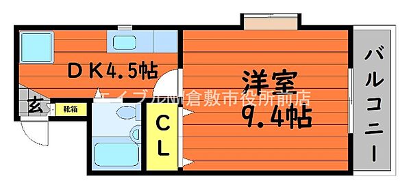 ジュネス沖新 ｜岡山県倉敷市田ノ上新町(賃貸マンション1K・6階・28.62㎡)の写真 その2