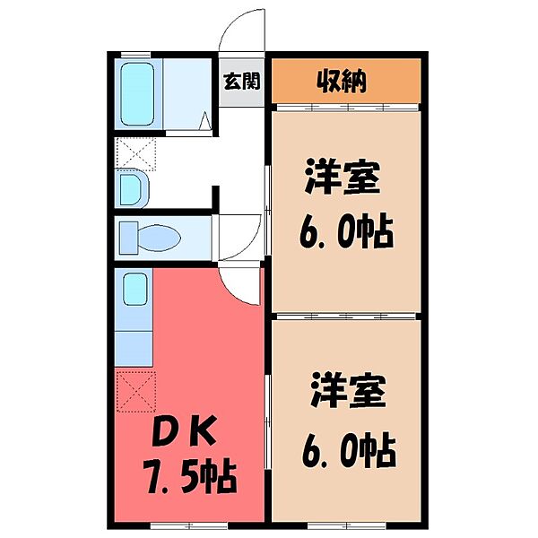 ニュー清住 B ｜栃木県宇都宮市清住3丁目(賃貸マンション2DK・1階・43.20㎡)の写真 その2