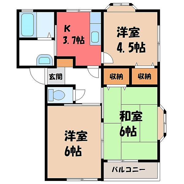 栃木県宇都宮市雀の宮4丁目(賃貸アパート3K・2階・45.95㎡)の写真 その2