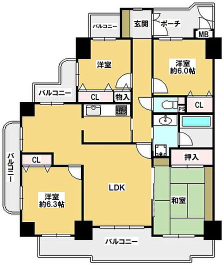 3面バルコニーの角住戸です