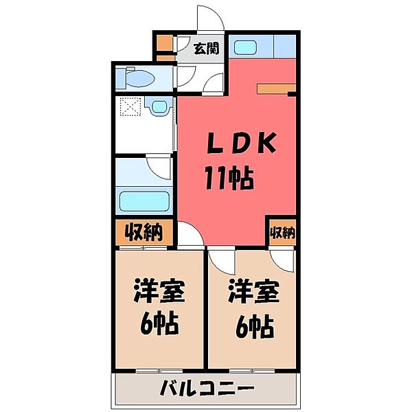 栃木県宇都宮市平松本町(賃貸マンション2LDK・4階・49.00㎡)の写真 その2