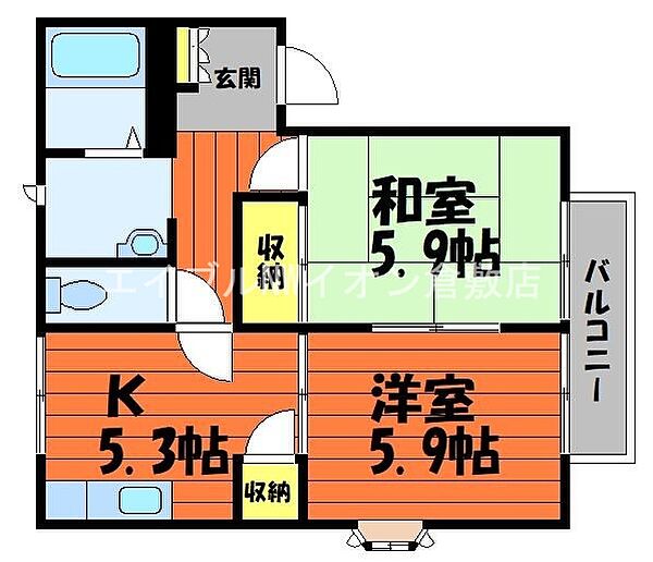 岡山県倉敷市四十瀬(賃貸アパート2K・2階・42.98㎡)の写真 その2