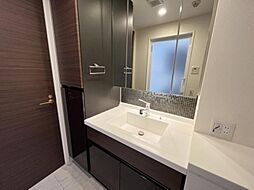 [洗面] 三面鏡の裏は機能的な収納を配置。コンセントも付いているため電動シェーバーや、電動歯ブラシも収納できます。