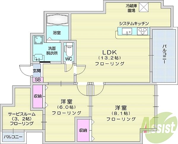 Tasso長町南 ｜宮城県仙台市太白区鹿野3丁目(賃貸マンション2SLDK・3階・65.08㎡)の写真 その2