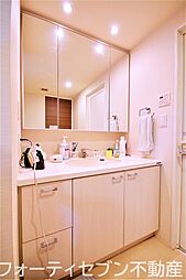 [洗面] 面積の広い鏡の裏は小物収納になています・ハンドシャワー水栓も付いた機能的な三面鏡化粧台です