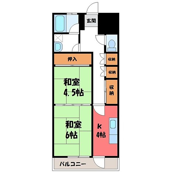 栃木県宇都宮市今泉町(賃貸マンション2K・3階・43.45㎡)の写真 その2