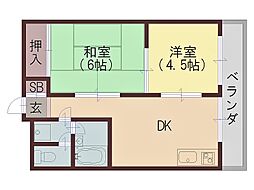 ラウンド東田辺 2DKの間取図画像