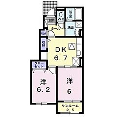 スバルII 1階2DKの間取り