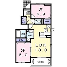 クローバー三城Ｂ 1階2LDKの間取り