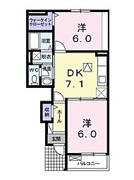 アンベリール　I 1階2DKの間取り