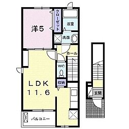 カーサ　ドゥ　ソレイユII 2階1LDKの間取り