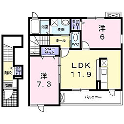フェリースII 2階2LDKの間取り