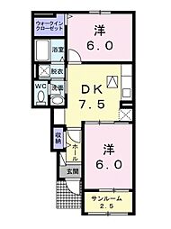 ムーンスカイI 1階2DKの間取り