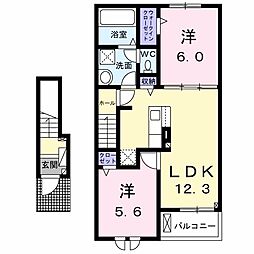 サザンカＡ 2階2LDKの間取り