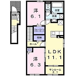 プリメゾン　ヴィラージュI 2階2LDKの間取り