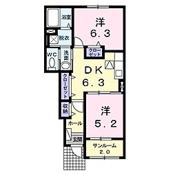 ハッピーフィールドつばき館 1階2DKの間取り
