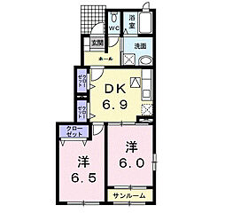 エタニティ−リブズ　Ａ 1階2DKの間取り