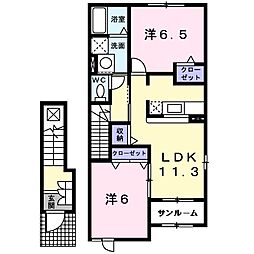 カーサ　フェリーセス　Ａ 2階2LDKの間取り