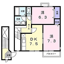 グラースＴＹ 2階2DKの間取り