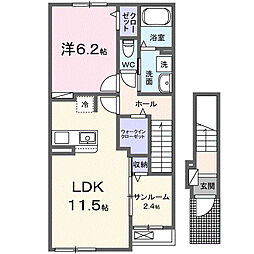 シャトー楓 2階1LDKの間取り