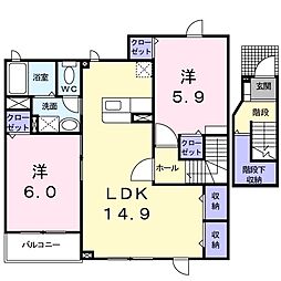 アクティブ豆の木 2LDKの間取図画像