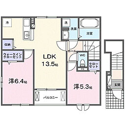 クレール聖和Ｃ 2階2LDKの間取り