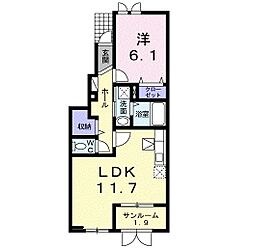 ベルフールB棟 1LDKの間取図画像