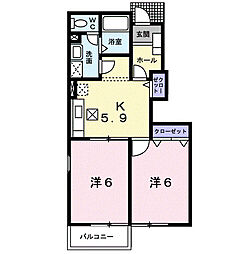 ヴィラ・アンソレイユA 2Kの間取図画像