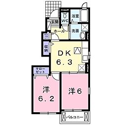 コスモグレイスB棟 2DKの間取図画像