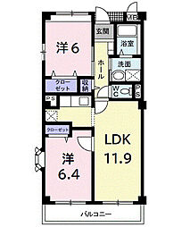 シャトル・国立 1階2LDKの間取り