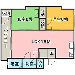 グランデール長園B棟 2LDKの間取図画像