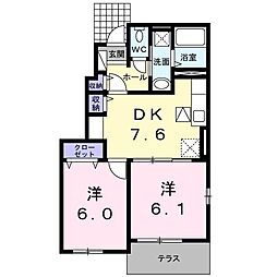 プロムナードＭII 1階2DKの間取り