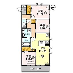 グロリアハイツ　はびきの　B棟 3階3LDKの間取り