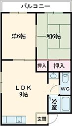 ルミエール一吉II 2階2DKの間取り
