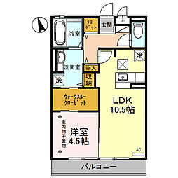 プリエ・ボヌール 1階1LDKの間取り