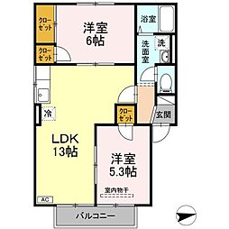 のぎく　A棟 1階2LDKの間取り