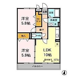 グレースヒルズ　I・II 3階2LDKの間取り