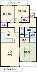 ユニーブル富雄 2階3LDKの間取り
