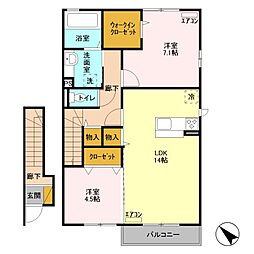 東武伊勢崎線 館林駅 徒歩36分の賃貸アパート 2階2LDKの間取り