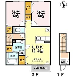 JR東北本線 利府駅 徒歩20分の賃貸アパート 2階2LDKの間取り