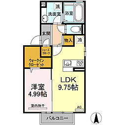サンクスファミリー　B棟 2階1LDKの間取り